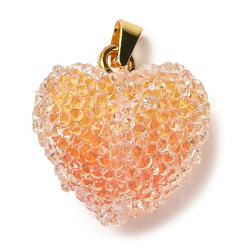 Transparent Resin Dotted Rhinetone Pendants, Heart Charms with Rack Plating Brass Findings, Real 18K Gold Plated, Cadmium Free & Lead Free, Long-Lasting Plated, Orange, 21x20x11mm, Hole: 4.5x3mm