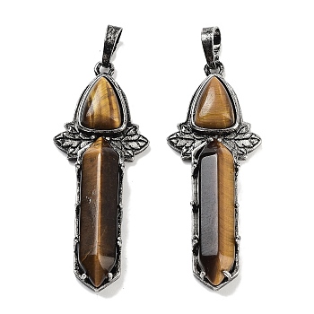 Natural Tiger Eye Sword Big Pendants, Rack Plating Antique Silver Plated Brass Charms, Cadmium Free & Lead Free, 51x20x9mm, Hole: 6.5x5mm