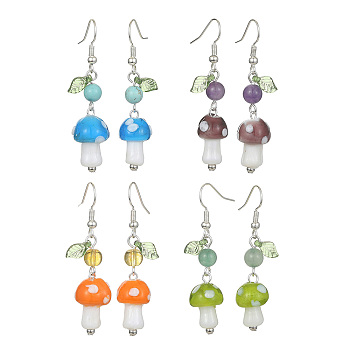 4 Pair 4 Style Acrylic Mushroom Dangle Earrings, Natural & Synthetic Mixed Gemstone Round Drop Earrings with Alloy Pins, 50x11.5mm, 1 Pair/style