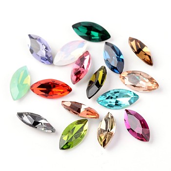 Faceted Horse Eye Glass Pointed Back Rhinestone Cabochons, Grade A, Back Plated, Mixed Color, 15x7x4mm