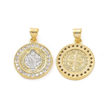 Rack Plating Brass Micro Pave Cubic Zirconia Pendants, Long-Lasting Plated, Cadmium Free & Lead Free, Saint Benedict Medal Charms, Real 18K Gold Plated, 20x17x2mm, Hole: 4x3.5mm