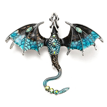 Dragon Enamel Pins, Antique Silver Alloy Rhinestone Brooch, Deep Sky Blue, 61x70.5x10.5mm