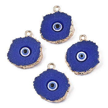 Druzy Resin Pendants, with Edge Light Gold Plated Iron Loops, Flat Round with Eye, Blue, 20~23x17~18x5mm, Hole: 1.8mm