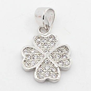 CZ Lucky Jewelry Brass Micro Pave Cubic Zirconia Four Leaf Clover Charms Pendants, Grade AAA, Lead Free & Cadmium Free & Nickel Free, Platinum, 15x12x2mm, Hole: 4x3mm