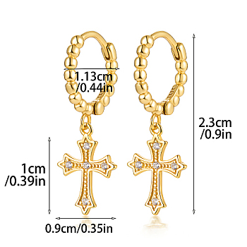 925 Sterling Silver Micro Pave Cubic Zirconia Dangle Hoop Earrings, Cross, with 925 Stamp, Golden, 23mm