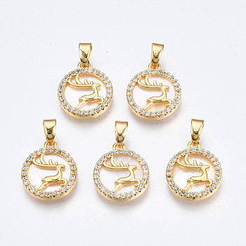 Brass Micro Pave Clear Cubic Zirconia Charms, with White Sea Shell, Nickel Free, Flat Round with Deer, Real 18K Gold Plated, 13.5x12x2mm, Hole: 2.5x4.5mm