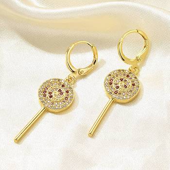 Brass Micro Pave Cubic Zirconia Leverback Earrings for Women, Lollipop, Real 18K Gold Plated, 43x12mm