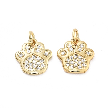 Paw Print Rack Plating Brass Micro Pave Cubic Zirconia Charms, Cadmium Free & Lead Free, Long-Lasting Plated, Real 18K Gold Plated, 12.5x12x1.5mm, Hole: 3mm