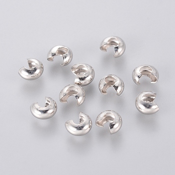 Platinum Color Ringent Round Brass Crimp Beads Covers, Nickel Free, About 4mm In Diameter, 3mm Thick, Hole: 1.5mm