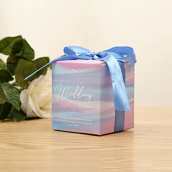 Square Fold Paper Candy Boxes, with Ribbon & Word, for Bakery and Baby Shower Gift Packaging, Violet, Finished Product: 8x8x9cm