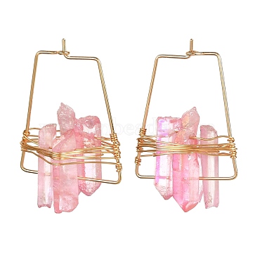 Electroplated Natural Quartz Wire Wrapped Earrings for Girl Women, Real 18K Gold Plated Trapezoid Brass Hoop Earrings, Pink, 36~40x25x10~13mm, Pin: 0.7mm(EJEW-JE04645-01)