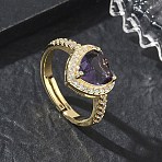 Brass & Purple Heart Cubic Zirconia Finger Rings for Women, Long-Lasting Plated, Golden, Heart: 11x12mm, Inner Diameter: 18mm(CU-CBA7E55-14G)