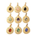 Natural Mixed Gemstone Pendants, 304 Stainless Steel Flat Round Charms, Ion Plating(IP), Golden, Mixed Dyed and Undyed, 21x17.5x4~4.5mm, Hole: 4.5x3mm(STAS-C120-11G)