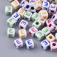 White Opaque Acrylic Beads, Horizontal Hole, Cube with Mixed Color Letter, Letter.E, 5x5x5mm, Hole: 2mm, about 5000pcs/500g(MACR-R869-01E)