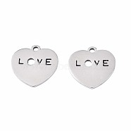 201 Stainless Steel Charms, Heart with Word, Stainless Steel Color, 14.5x14.5x1mm, Hole: 1.5mm(STAS-N095-074)