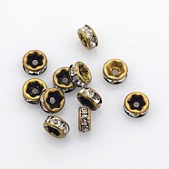 Brass Rhinestone Spacer Beads, Grade AAA, Straight Flange, Nickel Free, Antique Bronze Metal Color, Rondelle, Crystal, 6x3mm, Hole: 1mm(X-RB-A014-Z6mm-01AB-NF)