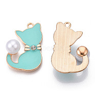 Alloy Enamel Pendants, with ABS Plastic Imitation Pearls and Crystal Rhinestone, Light Gold, Cat Charm, Lead Free & Cadmium Free, Turquoise, 29.5x19.5x9mm, Hole: 1.8mm(ENAM-T016-33)