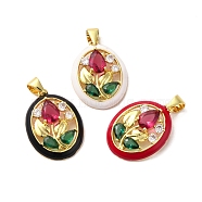 Rack Plating Brass Micro Pave Colorful Cubic Zirconia Enamel Pendants, Long-Lasting Plated, Cadmium Free & Lead Free, Real 18K Gold Plated, Oval with Flower Pattern Charms, Mixed Color, 21.5x16x4mm, Hole: 4.5x3mm(KK-G488-15G)