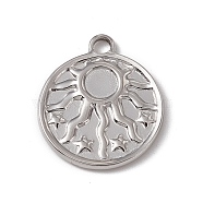 304 Stainless Steel Pendant Cabochon Settings, Flat Round with Sun, Stainless Steel Color, Tray: 5mm, 21x18x2mm, Hole: 2.3mm(STAS-P316-05P)