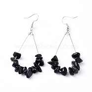 Dangle Earrings, with Natural Black Obsidian Chips, Platinum Plated Brass Earring Hooks and teardrop, Pendants, 71~75mm, Pendant: 53.5~59mm, Pin: 0.5mm(EJEW-E255-B07)