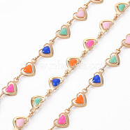 Handmade Brass Link Chains, with Enamel, Soldered, Spool, Heart, Real 18K Gold Plated, Colorful, 10x4.5x1.5mm, about 16.4 Feet(5m)/roll(CHC-S012-075A)