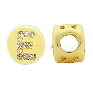 Brass Micro Pave Clear Cubic Zirconia Beads, Flat Round with Letter, Letter.E, 7.5x6.5mm, Hole: 3.5mm, 3pcs/bag(KK-T030-LA843-EX3)