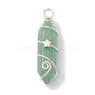 Natural Green Aventurine Double Terminal Pointed Pendants, Faceted Bullet Charms with Star Copper Wire Wrapped, Silver, 36~37x10~10.5x11mm, Hole: 3.5mm(PALLOY-JF02673-02)