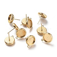 Ion Plating(IP) 304 Stainless Steel Stud Earring Settings, with Loop, Flat Round, Golden, Flat Round: 15x12.5mm, Hole: 1.6mm, Pin: 0.8mm, Tray: 10mm(STAS-I161-01D-G)