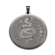 304 Stainless Steel Pendants, Flat Round with Snake & Moon Phase Charm, Electrophoresis Black, 33x30x1.5mm, Hole: 5x3mm(X-STAS-P321-01EB)