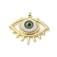 Real 18K Gold Plated Brass Pendants, with Acrylic, Evil Eye Charms, Light Green, 26x31x7mm, Hole: 2.5mm(KK-L209-004G-02)