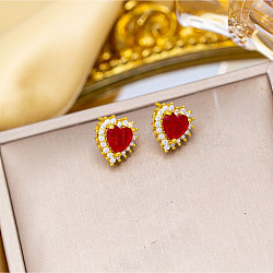 Heart Brass Micro Pave Cubic Zirconia Stud Earrings, Golden, 14.5x13mm(EJEW-K325-02G)