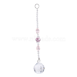 Faceted Crystal Glass Ball Chandelier Suncatchers Prisms, with Alloy Beads, Pink, 190mm(AJEW-G025-A01)