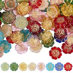 60Pcs Transparent Glass Beads, Flower, Golden Metal Enlaced, Mixed Color, 14~14.5x5.5~6mm, Hole: 1~1.2mm(GLAA-SC0003-06)