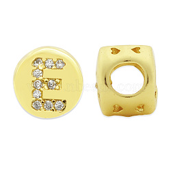 Brass Micro Pave Clear Cubic Zirconia Beads, Flat Round with Letter, Letter.E, 7.5x6.5mm, Hole: 3.5mm, 3pcs/bag(KK-T030-LA843-EX3)