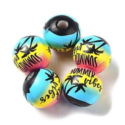 Summer Theme Printed Wood European Beads, Large Hole Coconut Tree Print Round Beads, Sky Blue, 16mm, Hole: 4mm(WOOD-M010-06A)