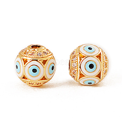 Brass Micro Pave Clear Cubic Zirconia Beads, with Enamel, Golden, Round with Evil Eye, Cyan, 10mm, Hole: 2mm(RELI-PW0001-087B)