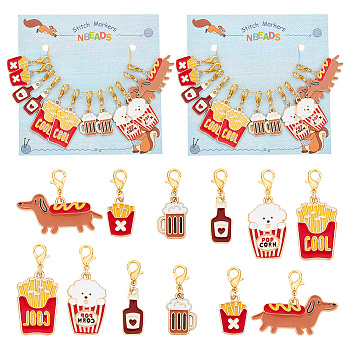 Food/Dog Pendant Stitch Markers, Alloy Enamel Crochet Lobster Clasp Charms, Locking Stitch Marker with Wine Glass Charm Ring, Mixed Color, 3~4cm, 6 style, 2pcs/style, 12pcs/set, 2 sets/box