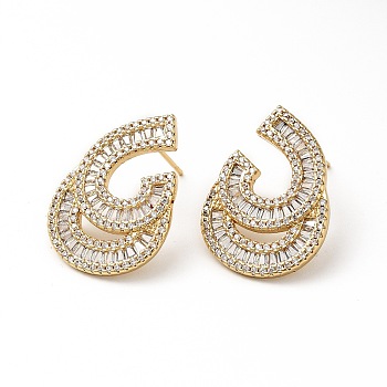 Cubic Zirconia Teardrop Stud Earrings, Real 18K Gold Plated Brass Jewelry for Women, Cadmium Free & Lead Free, Clear, 24.5x17.5mm, Pin: 1mm