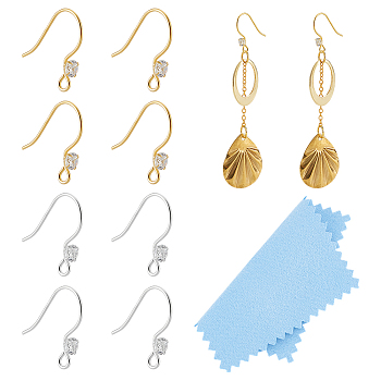 2 Colors 925 Sterling Silver with Clear Cubic Zirconia Earring Hooks, Flat Round, 1Pc Suede Fabric Square Silver Polishing Cloth, Mixed Color, 16~78.5x3~78.5x0.2mm, Hole: 1.5mm, Pin: 0.7mm