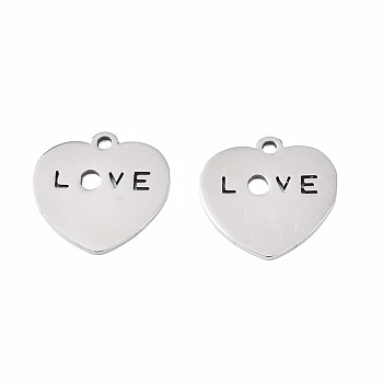 201 Stainless Steel Charms, Heart with Word, Stainless Steel Color, 14.5x14.5x1mm, Hole: 1.5mm