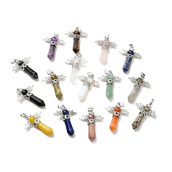 Natural & Synthetic Mixed Gemstone Pendants, Angel Charms, with Rack Plating Platinum Tone Brass Findings, Cadmium Free & Lead Free, Mixed Dyed and Undyed, 52~53x37x11mm, Hole: 8x5mm