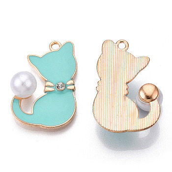Alloy Enamel Pendants, with ABS Plastic Imitation Pearls and Crystal Rhinestone, Light Gold, Cat Charm, Lead Free & Cadmium Free, Turquoise, 29.5x19.5x9mm, Hole: 1.8mm