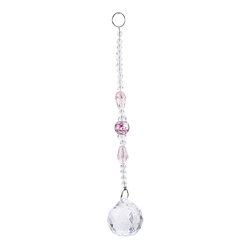 Faceted Crystal Glass Ball Chandelier Suncatchers Prisms, with Alloy Beads, Pink, 190mm
