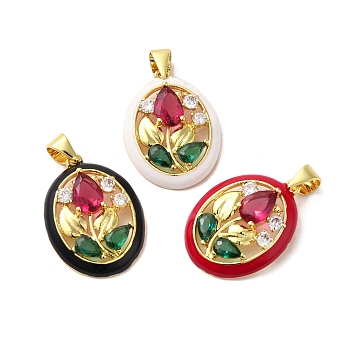 Rack Plating Brass Micro Pave Colorful Cubic Zirconia Enamel Pendants, Long-Lasting Plated, Cadmium Free & Lead Free, Real 18K Gold Plated, Oval with Flower Pattern Charms, Mixed Color, 21.5x16x4mm, Hole: 4.5x3mm