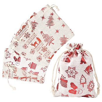20Pcs 5 Styles Christmas Theme Cotton Fabric Cloth Drawstring Bags, for Christmas Party Snack Gift Ornaments, Mixed Shapes, 14x10cm, 4pcs/style