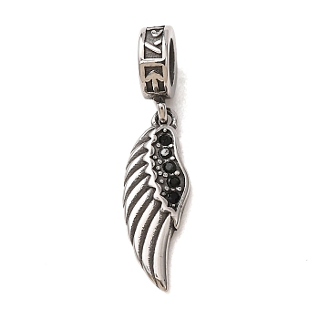316 Surgical Stainless Steel & Rhinestone European Dangle Charms, Wing, Antique Silver, Jet, 29mm, Hole: 5mm