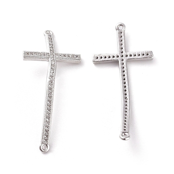 Brass Micro Pave Cubic Zirconia Links connectors, Cross, Clear, Platinum, 35.1x16x2mm, Hole: 0.8mm