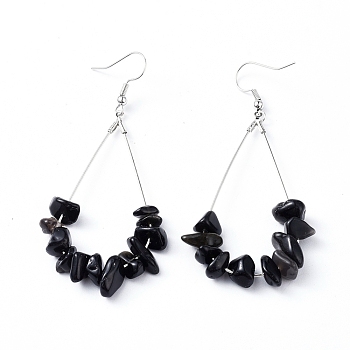 Dangle Earrings, with Natural Black Obsidian Chips, Platinum Plated Brass Earring Hooks and teardrop, Pendants, 71~75mm, Pendant: 53.5~59mm, Pin: 0.5mm