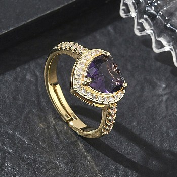 Brass & Purple Heart Cubic Zirconia Finger Rings for Women, Long-Lasting Plated, Golden, Heart: 11x12mm, Inner Diameter: 18mm