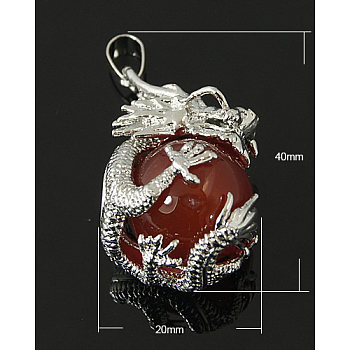 Natural Carnelian Pendants, with Alloy Findings, Round, Platinum, 32x20~22mm, Hole: 6.5x4mm